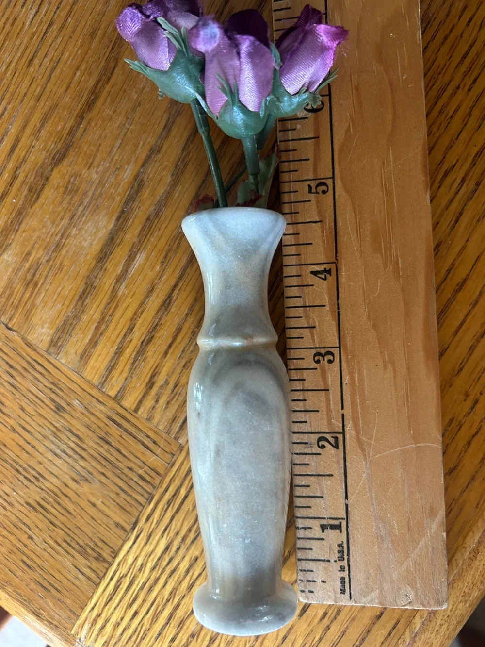 Purple Silk Rose Buds in Ivory Marble-Look Vase - Home Accent